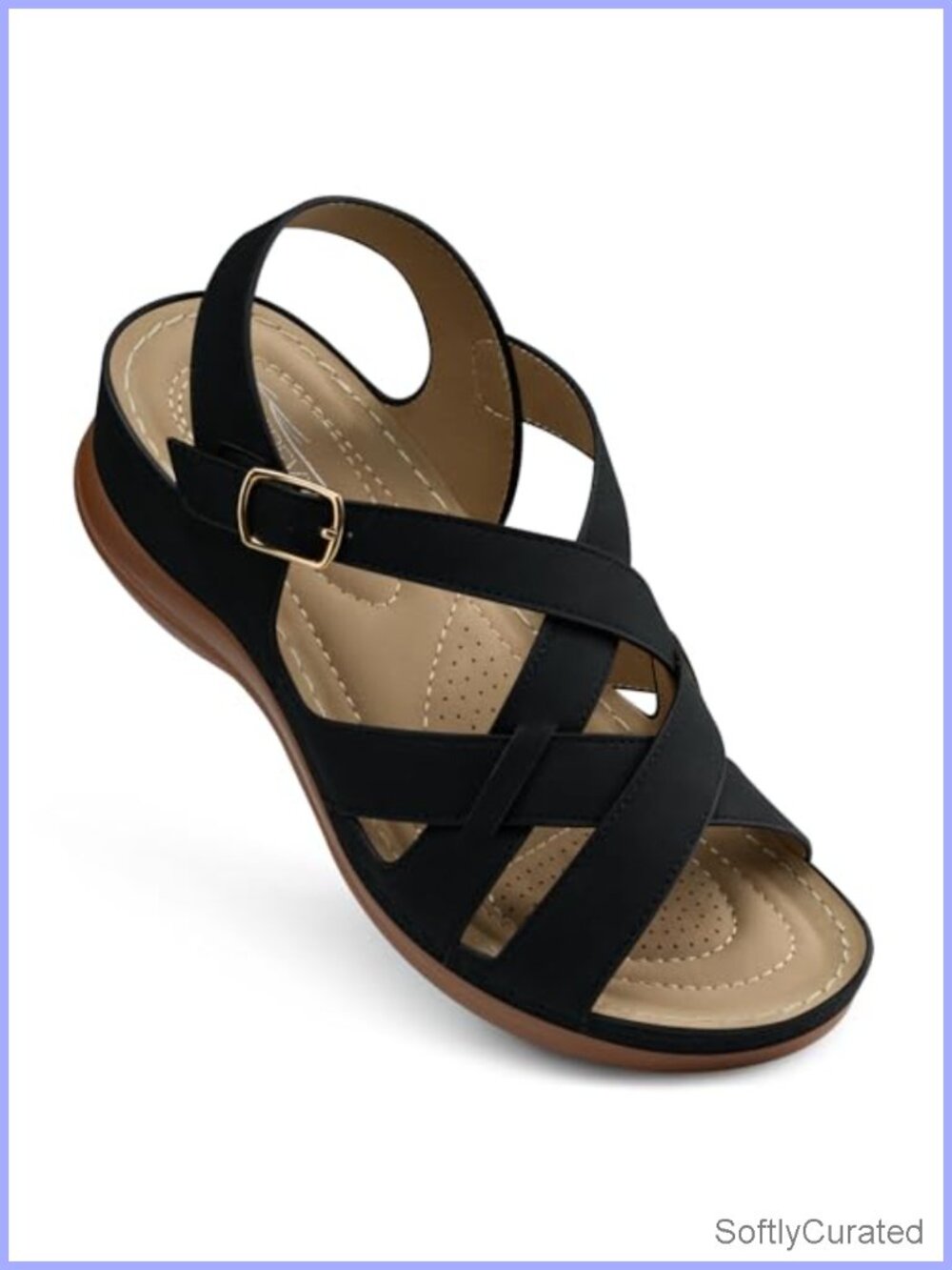 Faux Leather Flat Sandals Women Comfortable Strappy Back Strap Open Toe Walking